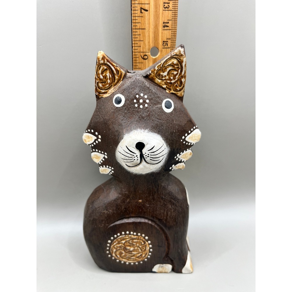Trio of Brown Wooden Carved Standing Kitty Cat Folk Art Figurines Boho Vtg - Picture 2 of 10